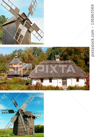 Traditional Ukrainian Architecture with Windmills and Thatch House Traditional Ukrainian Architecture with Windmills and Thatch House 136863569