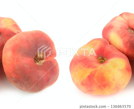 Fresh Flat Peaches Isolated on White Background with Copy Space 136863570