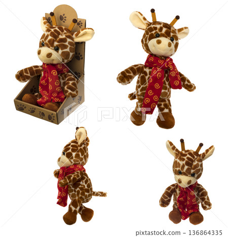 Collage soft children's toy giraffe isolated on white background Collage soft children's toy giraffe isolated on white background 136864335