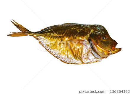 Cold smoked vomer fish isolated on white background, top view, closeup Cold smoked vomer fish isolated on white background, top view, closeup 136864363