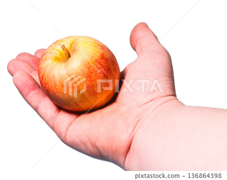 The yellow apple with red spots lies in a hand on a white background in isolation 136864398