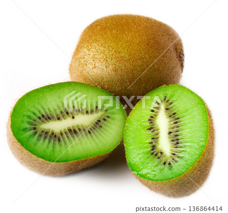 Kiwi one whole and two half lie on a white background in isolation Kiwi one whole and two half lie on a white background in isolation 136864414