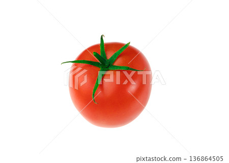 Red tomato with a green ponytail on a white background Red tomato with a green ponytail on a white background 136864505