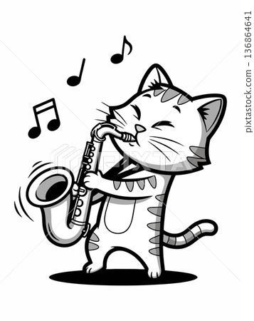 Cute Cartoon Cat Playing Saxophone with Musical Notes 136864641