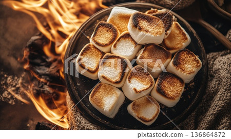 營火前擺著一盤烤棉花糖 136864872