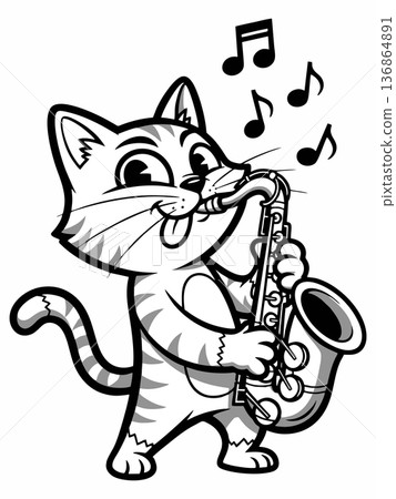 Happy Cartoon Cat Playing Saxophone 136864891