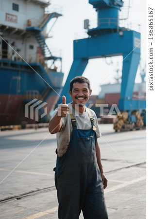 码头工人竖起大拇指表示满意 136865167