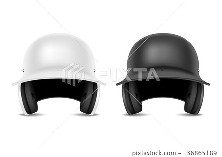 Vector 3d American Football Helmet Set Isolated. Black and White Protective Sports Headgear. Gridiron Equipment, Safety Gear, Front View. Realistic Vector Illustration 136865189