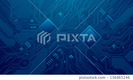 Digital circuit patterns on dark board with illuminated chip network Digital circuit patterns on dark board with illuminated chip network 136865246