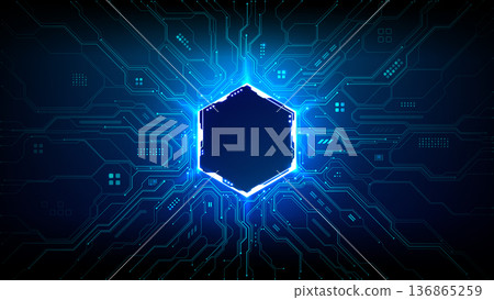 Glowing circuit board with neon hexagon HUD display. 136865259