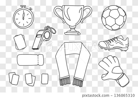 Soccer football hand drawn icon set. Ball, championship trophy cup, whistle, stopwatch, cleats shoe, goalkeeper glove, fan scarf, match ticket, referee cards. Sports line art illustration. Soccer football hand drawn icon set. Ball, championship trophy cup, whistle, stopwatch, cleats shoe, goalkeeper glove, fan scarf, match ticket, referee cards. Sports line art illustration. 136865310