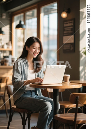 咖啡馆里微笑的女孩使用笔记本电脑 咖啡馆里微笑的女孩使用笔记本电脑 136865371