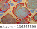 Vibrant psychedelic floral Ebru marbling art background with swirling liquid paint textures 136865399