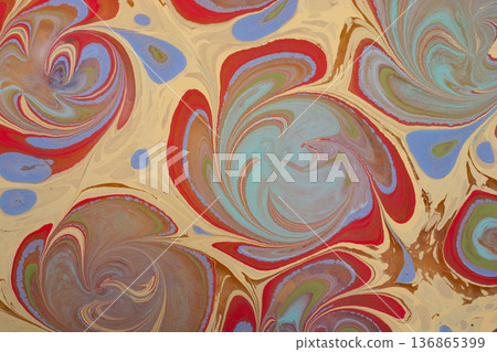 Vibrant psychedelic floral Ebru marbling art background with swirling liquid paint textures Vibrant psychedelic floral Ebru marbling art background with swirling liquid paint textures 136865399