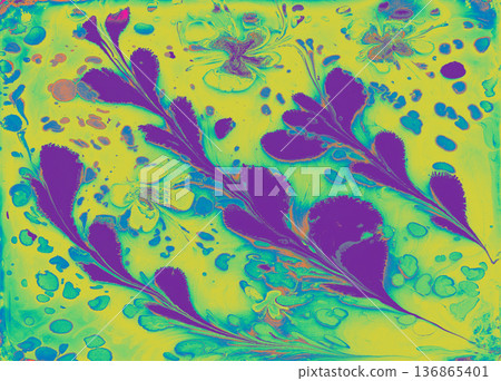 Vibrant psychedelic floral Ebru marbling art background with swirling liquid paint textures Vibrant psychedelic floral Ebru marbling art background with swirling liquid paint textures 136865401