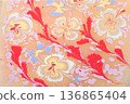 Soft pastel floral Ebru marbling texture with elegant tulip patterns and liquid ink 136865404