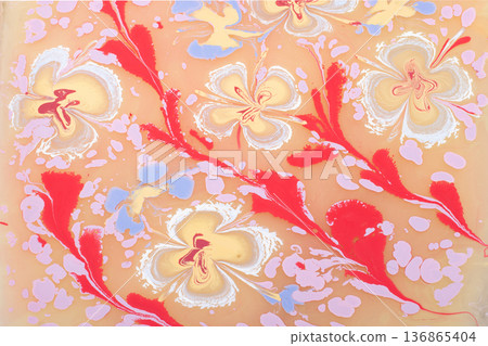 Soft pastel floral Ebru marbling texture with elegant tulip patterns and liquid ink 136865404