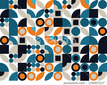 Abstract geometric seamless pattern featuring circles stripes and semicircles modern retro style background ideal for wallpaper, textile, branding, and graphic design. Abstract geometric seamless pattern featuring circles stripes and semicircles modern retro style background ideal for wallpaper, textile, branding, and graphic design. 136865527