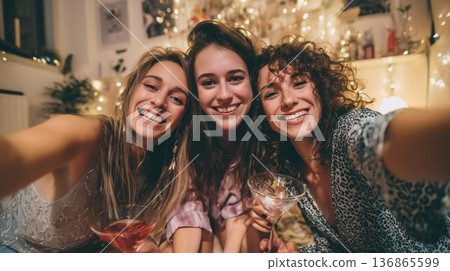 Friends gen-z enjoy drinks together at a cozy gathering during evening hours with warm lights 136865599