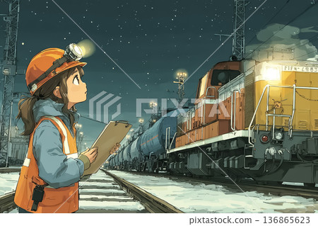 Female railway staff inspecting freight trains at night. Image of safety management of railway infrastructure. 136865623