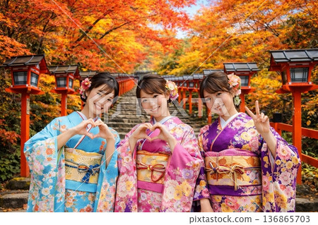 Vermilion lanterns and stone steps at Kifune Shrine, autumn leaves 136865703
