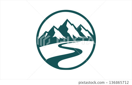 Minimalist mountain landscape logo symbol with river and peaks in flat design isolated on white background 136865712