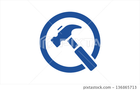 Minimalist blue hammer icon symbol in a circle vector logo isolated on white background 136865713