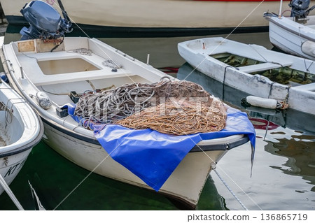 Boat Bow with Fishing Nets on Deck 136865719