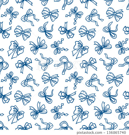 Bows seamless pattern. Hand drawn vector illustration of various ties. Blue monochrome clip art for fabric, wrapping paper, textiles and card designs. Bows seamless pattern. Hand drawn vector illustration of various ties. Blue monochrome clip art for fabric, wrapping paper, textiles and card designs. 136865740