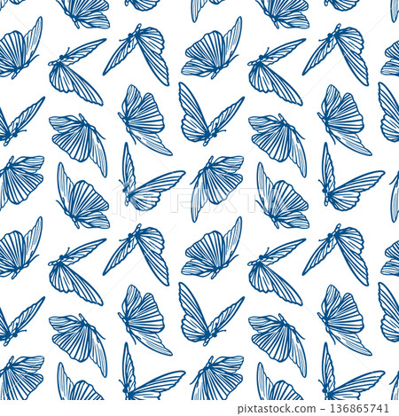 Butterfly seamless pattern. Hand drawn monochrome illustration in line art style. Vector clip art for wrapping paper, textiles and abstract backgrounds. Butterfly seamless pattern. Hand drawn monochrome illustration in line art style. Vector clip art for wrapping paper, textiles and abstract backgrounds. 136865741