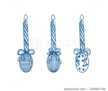 Easter candles with bows on decorated eggs. Hand drawn vector illustration in line art style. Monochrome clip art for greeting cards, invitations and holiday banners. 136865746
