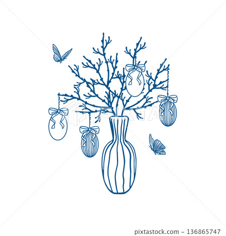 Easter eggs with bows hanging on branches in a vase. Fluttering butterflies. Hand drawn vector illustration in line art style. Monochrome clip art for cards, invitations and holiday banners. Easter eggs with bows hanging on branches in a vase. Fluttering butterflies. Hand drawn vector illustration in line art style. Monochrome clip art for cards, invitations and holiday banners. 136865747