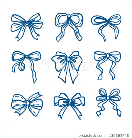 Set of various types of bows, gift ribbons. Hand drawn vector illustration of hair accessories in line art style. Monochrome clip art for cards, packaging and festival decorations. 136865748