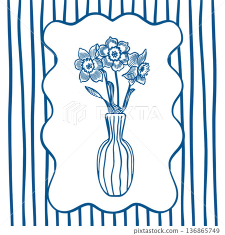 Bouquet of daffodils in a vase decorated with a wavy frame. Hand drawn vector illustration of flower silhouettes. Monochrome clip art for spring cards, banners and posters. 136865749