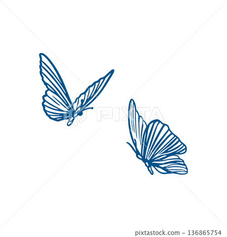 Butterflies with graceful wings fluttering in the air. Hand drawn vector illustration in line art style. Monochrome clip art for cards, invitations and tattoos. 136865754