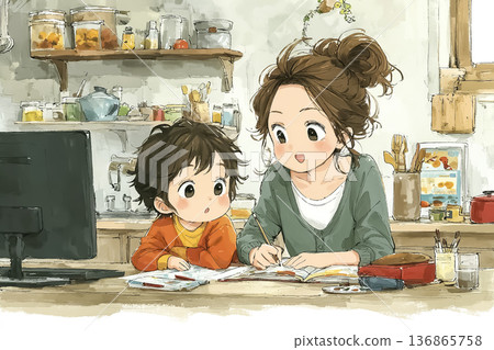 Parents and children learning online at home. Illustration of remote education and home learning support. 136865758