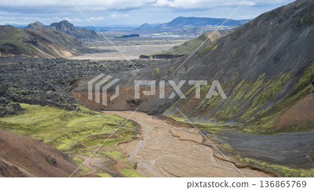Wide view on harsh Nordic landscape with lichen,black volcanic rock and mountains, Highlands,Iceland 136865769