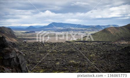 Harsh Nordic landscape with mountains, black volcanic rocks and solidified lava, Highlands, Iceland Harsh Nordic landscape with mountains, black volcanic rocks and solidified lava, Highlands, Iceland 136865773