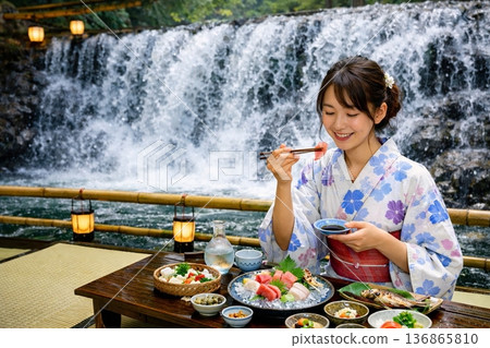 Enjoy a meal on the riverside terrace at Kifune River and Kifune Shrine 136865810