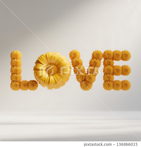 Beautiful yellow flower arrangement forming the word "LOVE" in soft lighting. 136866015
