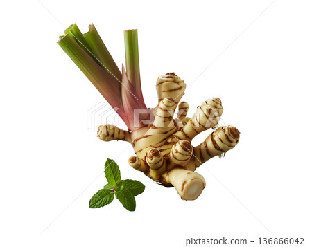 Fresh Ginger Root with Green Shoots and Mint Leaves on Black Background 136866042