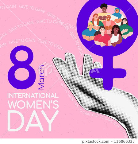 International Women's day square banner template. Cut out halftone hand holding Venus symbol with diverse women. Give to Gain IWD 2026 concept. Vector illustration isolated on pink grainy background International Women's day square banner template. Cut out halftone hand holding Venus symbol with diverse women. Give to Gain IWD 2026 concept. Vector illustration isolated on pink grainy background 136866323