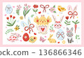 Hand-drawn Easter clipart set with bunnies, chick in cracked egg, decorated eggs, ribbons, flowers, hearts and spring foliage on a soft pink frame. Doodle vector illustration. 136866346