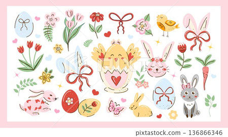 Hand-drawn Easter clipart set with bunnies, chick in cracked egg, decorated eggs, ribbons, flowers, hearts and spring foliage on a soft pink frame. Doodle vector illustration. Hand-drawn Easter clipart set with bunnies, chick in cracked egg, decorated eggs, ribbons, flowers, hearts and spring foliage on a soft pink frame. Doodle vector illustration. 136866346