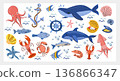 Cute ocean animals and nautical elements clipart set: whales, dolphin, octopus, squid, fish, crab, lobster, shrimp, shells, anchor, ship wheel, bubbles and waves. Flat vector illustration 136866347