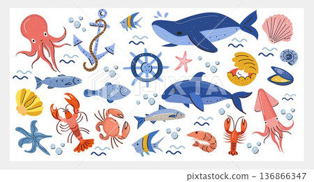 Cute ocean animals and nautical elements clipart set: whales, dolphin, octopus, squid, fish, crab, lobster, shrimp, shells, anchor, ship wheel, bubbles and waves. Flat vector illustration 136866347
