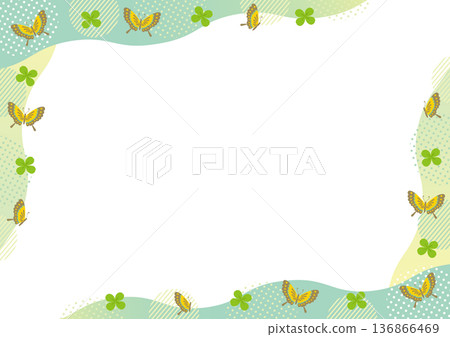 Butterfly, clover, geometric pattern and wave corner frame_ green Butterfly, clover, geometric pattern and wave corner frame_ green 136866469