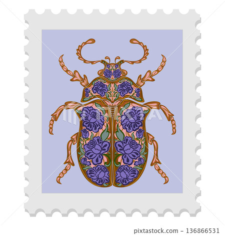 A spring stamp featuring a beetle and festive floral motifs in Art Nouveau style. Vector isolated element. 136866531