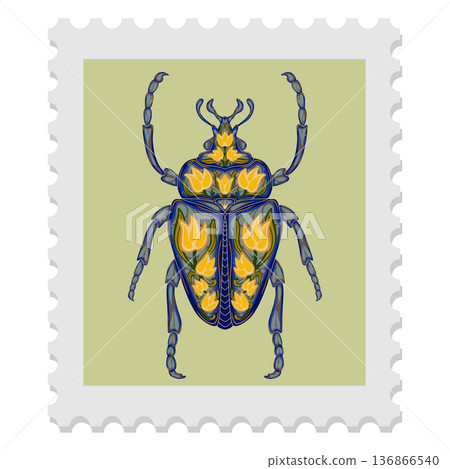 A spring stamp featuring a beetle and festive floral motifs in Art Nouveau style. Vector isolated element. A spring stamp featuring a beetle and festive floral motifs in Art Nouveau style. Vector isolated element. 136866540