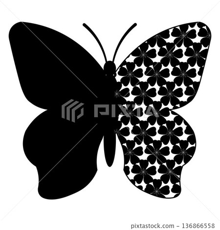 Butterfly silhouette illustration featuring decorative daisy floral pattern wings in a clean black and white style. Ideal for spring nature themes, decorative designs, branding elements, backgrounds, 136866558
